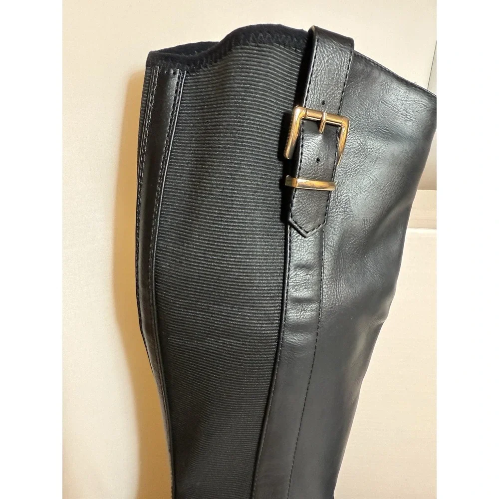 Just Fab Black Faux Leather Gamela Boots Knee High Gold Chain Women Size 5.5